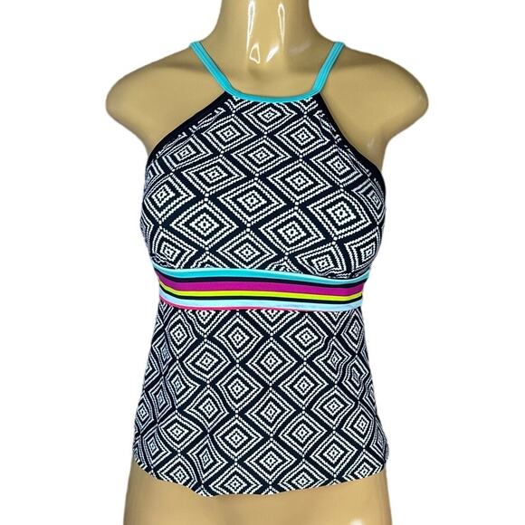 Title Nine Plunge Tankini Swim Top High Neck White Black Geometric Size Small - Picture 1 of 7